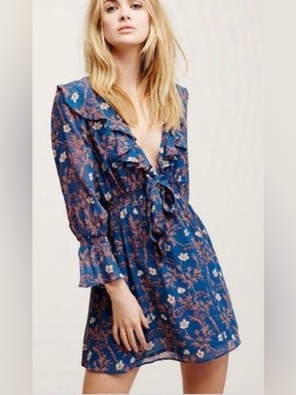 FREE PEOPLE Ruffle Me Up Mini Dress Blue Floral, Size XS